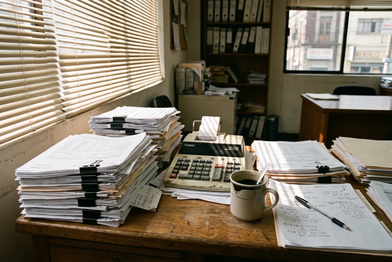 Escritorio de un despacho contable con estados de cuenta impresos y una calculadora